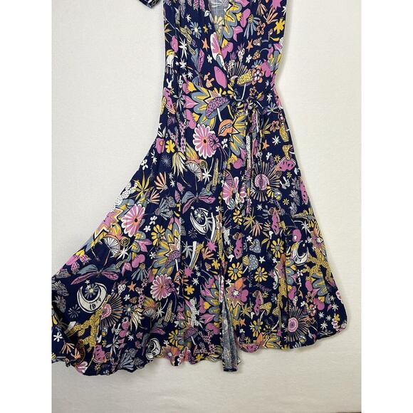 Modcloth Faux Wrap Midi Dress Size 2 Kaleidoscopic Dreamscape Moons Floral Print - Picture 4 of 6